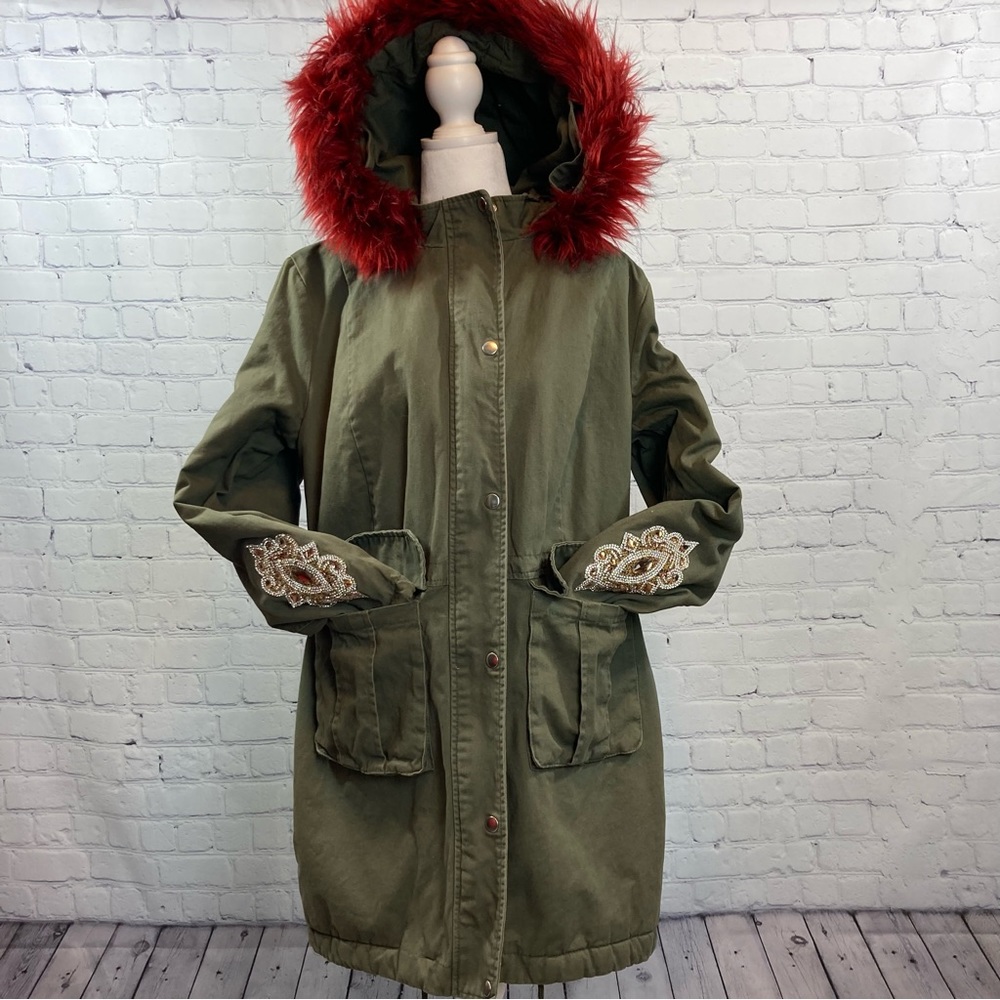 Venus Jacket With Faux Red Fur Trim Hood & Embellished Arm Patches